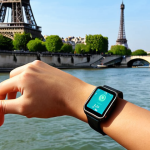 **

A sleek smartwatch on a Parisian woman's wrist, displaying a fitness tracking app. She's casually dressed, walking along the Seine River. In the background, the Eiffel Tower is visible. The scene emphasizes health, technology, and a modern lifestyle in Paris. Prompt keywords: smartwatch, fitness tracker, Paris, Seine River, Eiffel Tower, healthy lifestyle, wearable technology, modern woman, activity tracking, city scene.

**
