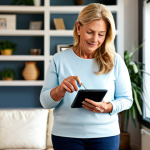 Connected Health at Home**

"A middle-aged woman, fully clothed in comfortable, casual attire, standing in a bright, modern living room, using a connected blood pressure monitor, appropriate content, safe for work. The monitor displays data on a tablet. Background: soft focus on a bookshelf and a houseplant. Perfect anatomy, correct proportions, natural pose, well-formed hands, proper finger count, natural body proportions. Professional lifestyle photography, warm lighting, high quality, modest, family-friendly."

**
