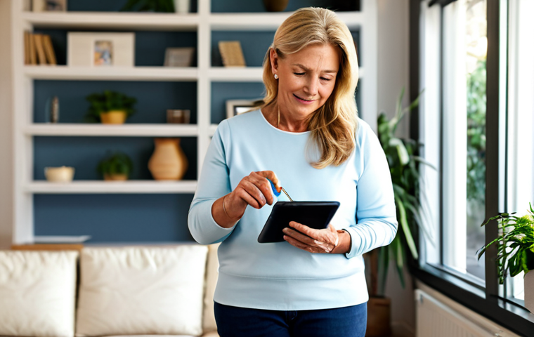Connected Health at Home**

"A middle-aged woman, fully clothed in comfortable, casual attire, standing in a bright, modern living room, using a connected blood pressure monitor, appropriate content, safe for work. The monitor displays data on a tablet. Background: soft focus on a bookshelf and a houseplant. Perfect anatomy, correct proportions, natural pose, well-formed hands, proper finger count, natural body proportions. Professional lifestyle photography, warm lighting, high quality, modest, family-friendly."

**