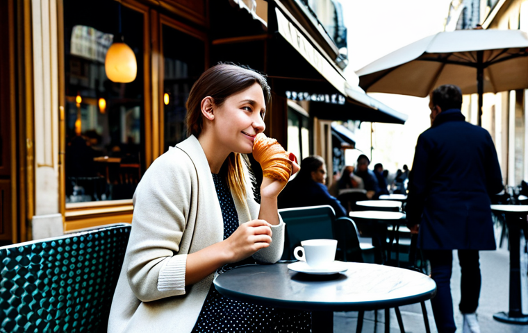 Parisian Café Scene**

"A young professional woman sitting at an outdoor cafe in Paris, France, enjoying a café au lait and a croissant, fully clothed in a stylish but modest dress and cardigan, appropriate attire, safe for work, perfect anatomy, natural proportions, morning light, charming Parisian background with people walking by, professional photography, high quality."

**