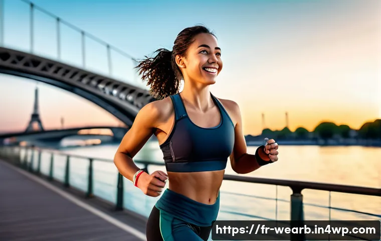 웨어러블 기기 연동 헬스케어 생태계 구축 - **Prompt:** A young woman in her late 20s wearing athletic apparel and a modern smartwatch, jogging ...