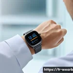 웨어러블 기기의 글로벌 트렌드 비교 - A sophisticated European medical wearable device scene: a sleek, minimalist smartwatch with a clinic...