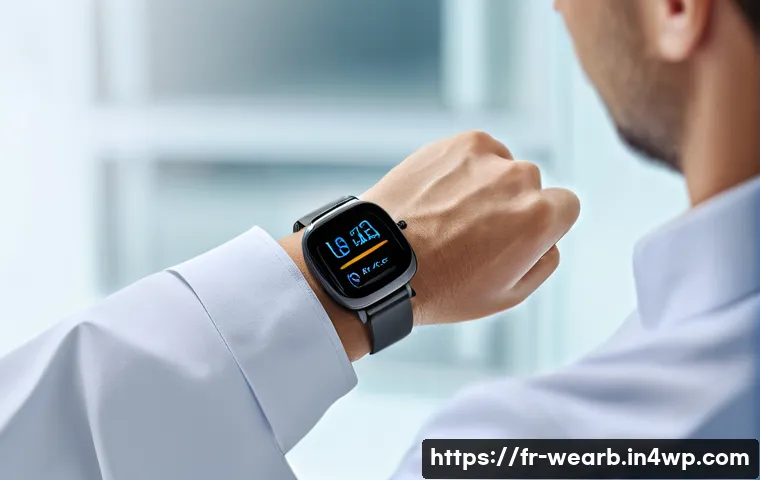 웨어러블 기기의 글로벌 트렌드 비교 - A sophisticated European medical wearable device scene: a sleek, minimalist smartwatch with a clinic...