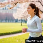 Home 22 웨어러블 기기와 헬스케어 데이터의 활용 방안 - A modern French woman in her 30s wearing a sleek, comfortable smartwatch on her wrist, jogging throu...