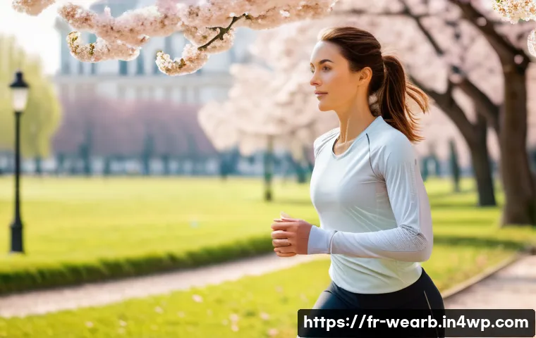 웨어러블 기기와 헬스케어 데이터의 활용 방안 - A modern French woman in her 30s wearing a sleek, comfortable smartwatch on her wrist, jogging throu...