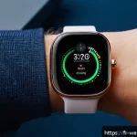 Home 21 웨어러블 헬스 기기의 신뢰성 향상 기술 - A sleek, modern smartwatch on a wrist, showcasing a high-precision biometric sensor array glowing su...