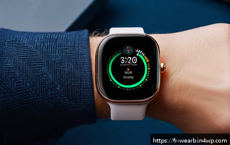 웨어러블 헬스 기기의 신뢰성 향상 기술 - A sleek, modern smartwatch on a wrist, showcasing a high-precision biometric sensor array glowing su...