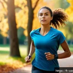 Home 20 웨어러블 디바이스와 피트니스 트래킹 - A young adult woman jogging in an urban park during early morning, wearing modern athletic clothing ...