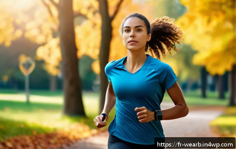 웨어러블 디바이스와 피트니스 트래킹 - A young adult woman jogging in an urban park during early morning, wearing modern athletic clothing ...