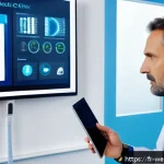 Home 19 웨어러블 기기와 기존 헬스케어 시스템의 통합 - A modern French medical clinic room featuring a middle-aged male doctor reviewing real-time health d...