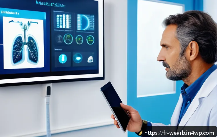 웨어러블 기기와 기존 헬스케어 시스템의 통합 - A modern French medical clinic room featuring a middle-aged male doctor reviewing real-time health d...