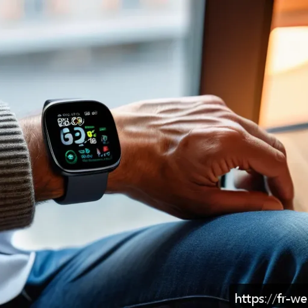 웨어러블 기기와 고혈압 관리의 연계 - A modern wearable blood pressure monitoring smartwatch displayed on the wrist of a middle-aged Frenc...
