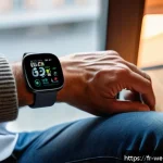 Home 23 웨어러블 기기와 고혈압 관리의 연계 - A modern wearable blood pressure monitoring smartwatch displayed on the wrist of a middle-aged Frenc...