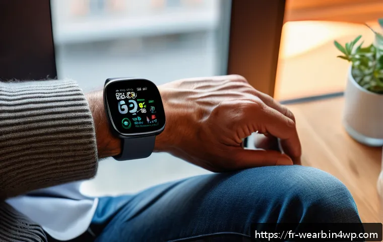 웨어러블 기기와 고혈압 관리의 연계 - A modern wearable blood pressure monitoring smartwatch displayed on the wrist of a middle-aged Frenc...