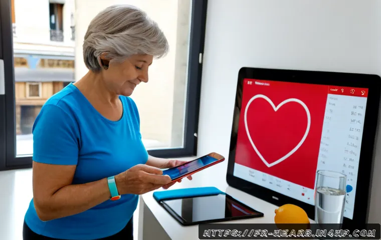 Home 15 웨어러블 헬스 기기의 데이터 활용 방안 - Photorealistic French home wellness scene, an older French woman in casual clothing reviewing colorf...